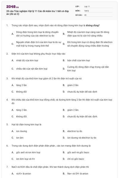 20 câu Trắc nghiệm Vật lý 11 Các đề kiểm tra 1 tiết có đáp án (đề số 3)