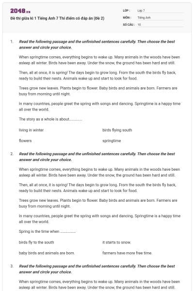 Đề thi giữa kì 1 Tiếng Anh 7 Thí điểm có đáp án (Đề 2)