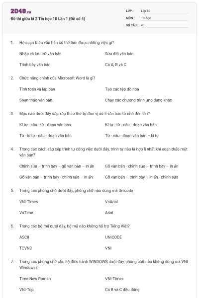 Đề thi giữa kì 2 Tin học 10 Lần 1 (Đề số 4)