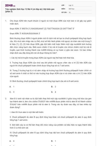 Trắc nghiệm Sinh Học 12 Bài 4 (có đáp án): Đột biến gen (phần 3)