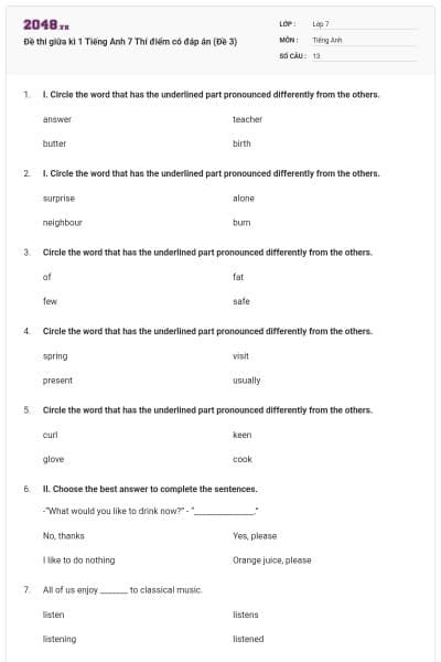 Đề thi giữa kì 1 Tiếng Anh 7 Thí điểm có đáp án (Đề 3)