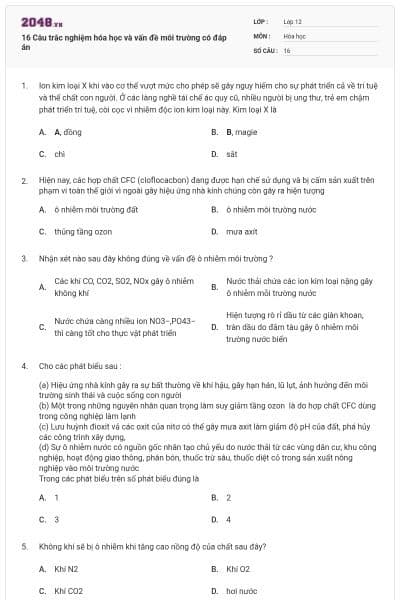 16 Câu trắc nghiệm hóa học và vấn đề môi trường có đáp án