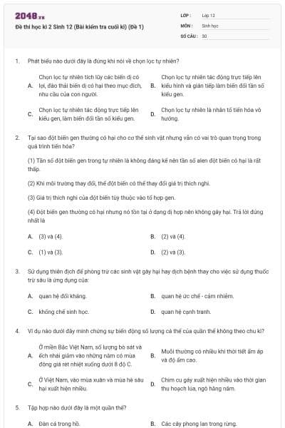 Đề thi học kì 2 Sinh 12 (Bài kiểm tra cuối kì) (Đề 1)