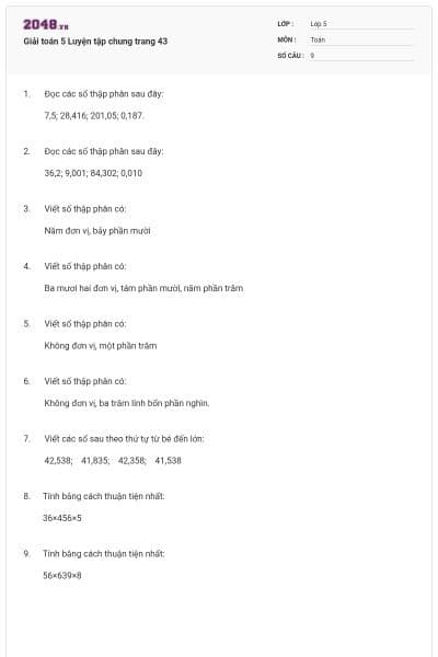Giải toán 5 Luyện tập chung trang 43