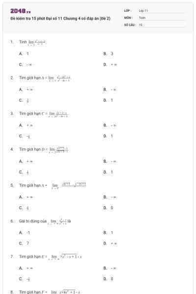 Đề kiểm tra 15 phút Đại số 11 Chương 4 có đáp án (Đề 2)