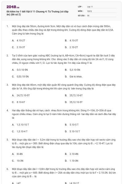 Đề kiêm tra 1 tiết Vật lí 11 Chương 4: Từ Trường (có đáp án) (Đề số 2)