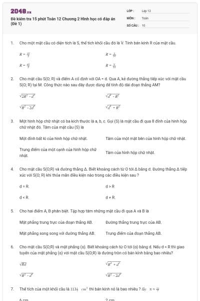 Đề kiểm tra 15 phút Toán 12 Chương 2 Hình học có đáp án (Đề 1)