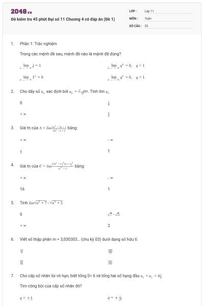 Đề kiểm tra 45 phút Đại số 11 Chương 4 có đáp án (Đề 1)