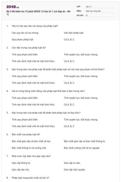 Bộ 4 Đề kiểm tra 15 phút GDCD 12 Học kì 1 (có đáp án - Đề 1)