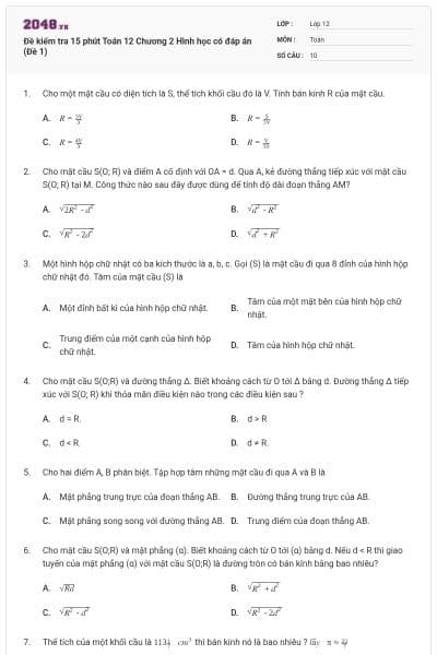 Đề kiểm tra 15 phút Toán 12 Chương 2 Hình học có đáp án (Đề 1)