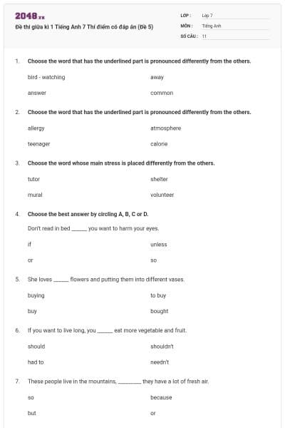 Đề thi giữa kì 1 Tiếng Anh 7 Thí điểm có đáp án (Đề 5)