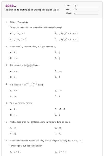 Đề kiểm tra 45 phút Đại số 11 Chương 4 có đáp án (Đề 1)