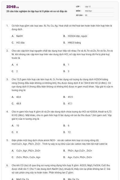 20 câu trắc nghiệm ôn tập học kì II phần vô cơ có đáp án