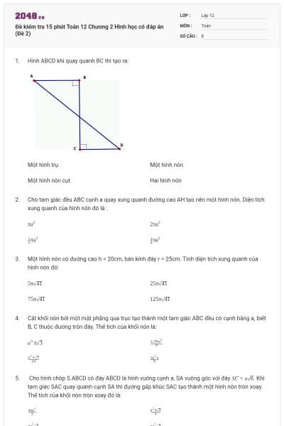 Đề kiểm tra 15 phút Toán 12 Chương 2 Hình học có đáp án (Đề 2)