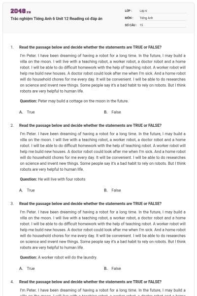 Trắc nghiệm Tiếng Anh 6 Unit 12 Reading có đáp án