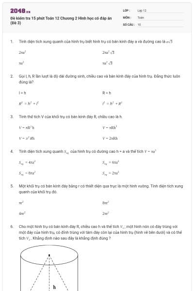 Đề kiểm tra 15 phút Toán 12 Chương 2 Hình học có đáp án (Đề 3)