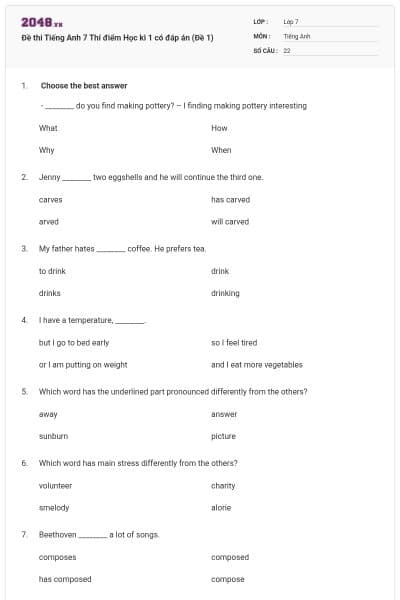 Đề thi Tiếng Anh 7 Thí điểm Học kì 1 có đáp án (Đề 1)