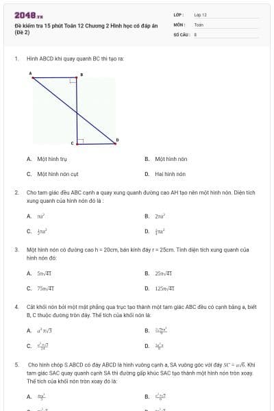 Đề kiểm tra 15 phút Toán 12 Chương 2 Hình học có đáp án (Đề 2)