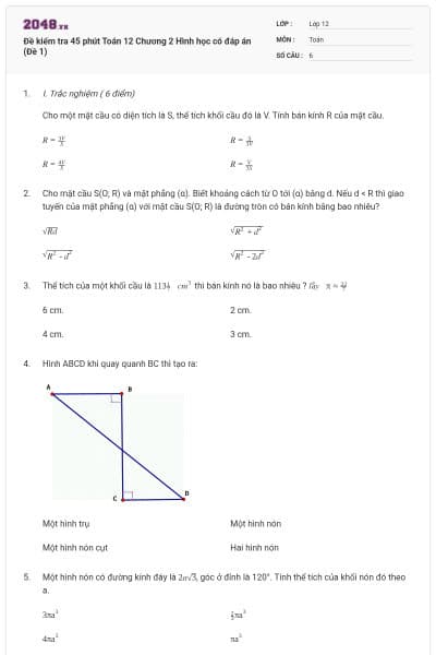 Đề kiểm tra 45 phút Toán 12 Chương 2 Hình học có đáp án (Đề 1)