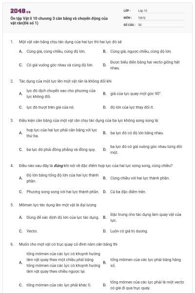 Ôn tập Vật lí 10 chương 3 cân bằng và chuyển động của vật rắn(Đề số 1)