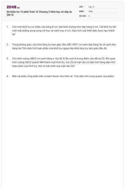 Đề kiểm tra 15 phút Toán 12 Chương 2 Hình học có đáp án (Đề 4)