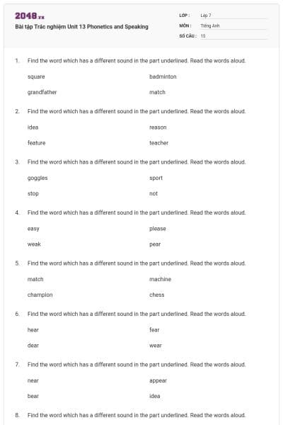 Bài tập Trắc nghiệm Unit 13 Phonetics and Speaking