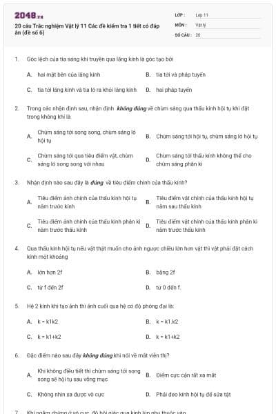 20 câu Trắc nghiệm Vật lý 11 Các đề kiểm tra 1 tiết có đáp án (đề số 6)