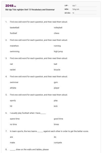 Bài tập Trắc nghiệm Unit 13 Vocabulary and Grammar
