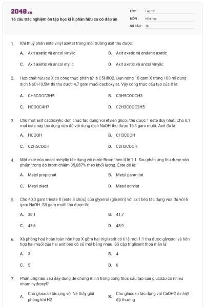 16 câu trắc nghiệm ôn tập học kì II phần hữu cơ có đáp án