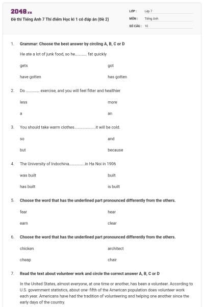 Đề thi Tiếng Anh 7 Thí điểm Học kì 1 có đáp án (Đề 2)