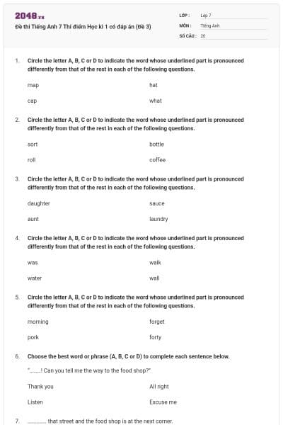 Đề thi Tiếng Anh 7 Thí điểm Học kì 1 có đáp án (Đề 3)