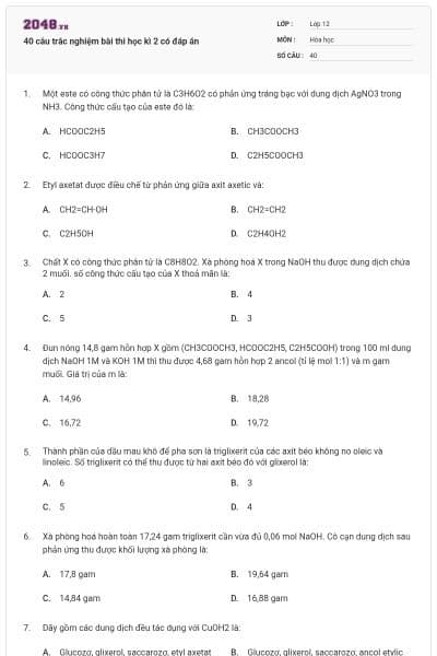 40 câu trắc nghiệm bài thi học kì 2 có đáp án