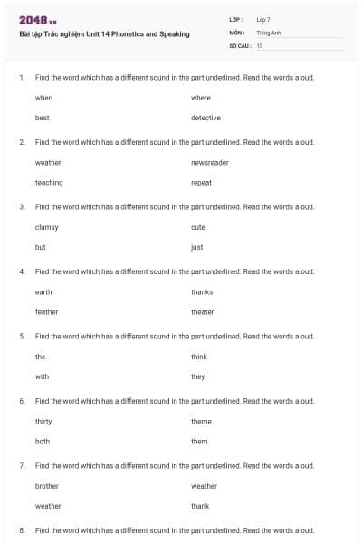 Bài tập Trắc nghiệm Unit 14 Phonetics and Speaking