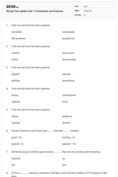 Bài tập Trắc nghiệm Unit 14 Vocabulary and Grammar