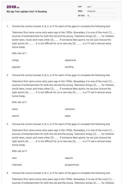 Bài tập Trắc nghiệm Unit 14 Reading