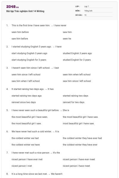 Bài tập Trắc nghiệm Unit 14 Writing