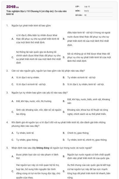Trắc nghiệm Địa Lí 10 Chương 6 (có đáp án): Cơ cấu nền kinh tế