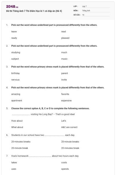 Đề thi Tiếng Anh 7 Thí điểm Học kì 1 có đáp án (Đề 4)