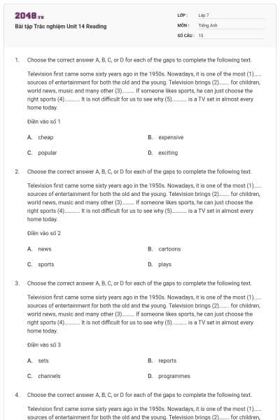 Bài tập Trắc nghiệm Unit 14 Reading