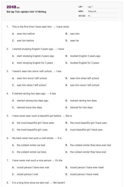 Bài tập Trắc nghiệm Unit 14 Writing