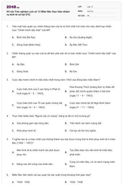84 câu Trắc nghiệm Lịch sử 12 Miền Bắc thực hiện nhiệm vụ kinh tế-xã hội (P2)
