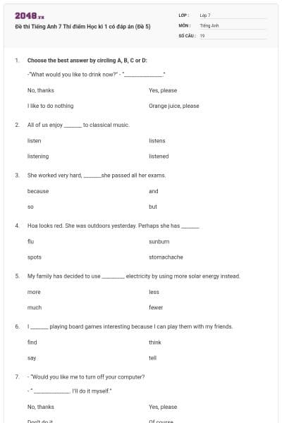 Đề thi Tiếng Anh 7 Thí điểm Học kì 1 có đáp án (Đề 5)