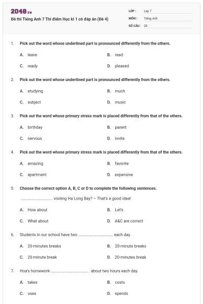 Đề thi Tiếng Anh 7 Thí điểm Học kì 1 có đáp án (Đề 4)