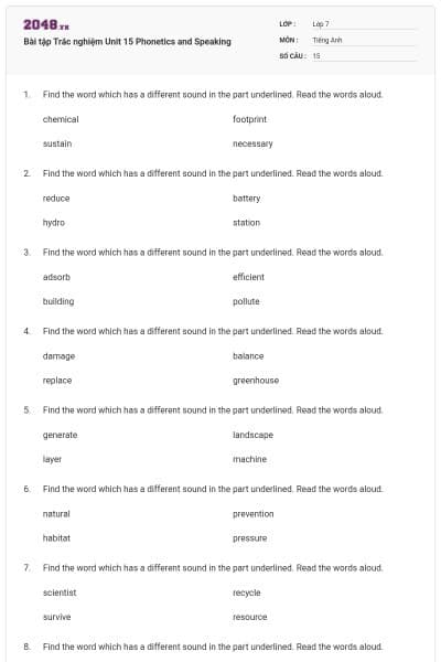Bài tập Trắc nghiệm Unit 15 Phonetics and Speaking