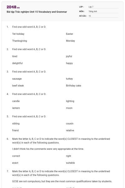 Bài tập Trắc nghiệm Unit 15 Vocabulary and Grammar