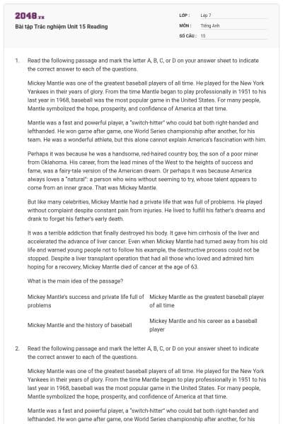 Bài tập Trắc nghiệm Unit 15 Reading