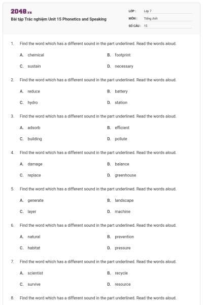 Bài tập Trắc nghiệm Unit 15 Phonetics and Speaking