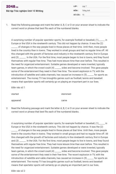 Bài tập Trắc nghiệm Unit 15 Writing