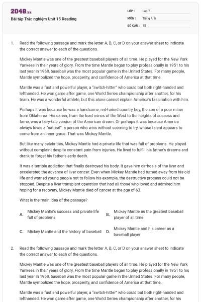 Bài tập Trắc nghiệm Unit 15 Reading
