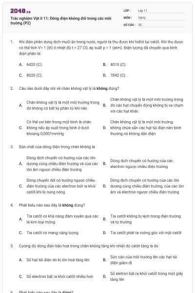Trắc nghiệm Vật lí 11: Dòng điện không đổi trong các môi trường (P2)